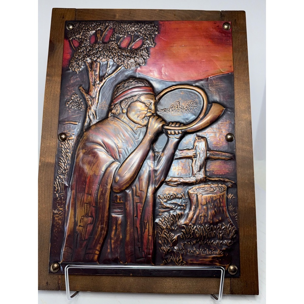 Vintage Copper Art Embossed Wall Panel Native American Man Playing Horn Rustic